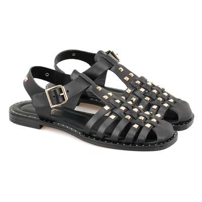 Firida Siyah Kadın Ayarlanabilir Tokalı Deri Sandalet