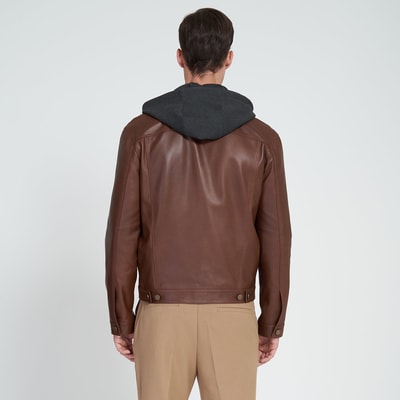 Giosue Kahve Erkek Kapüşonlu Deri Ceket