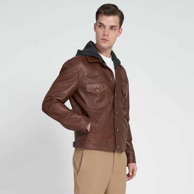 Giosue Kahve Erkek Kapüşonlu Deri Ceket