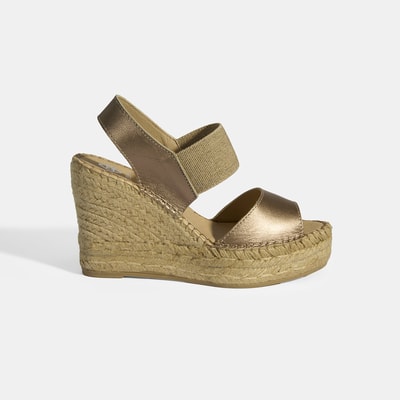 Gold Kadın Lastik Bantlı Slingback Dolgu Topuklu Deri Espadril