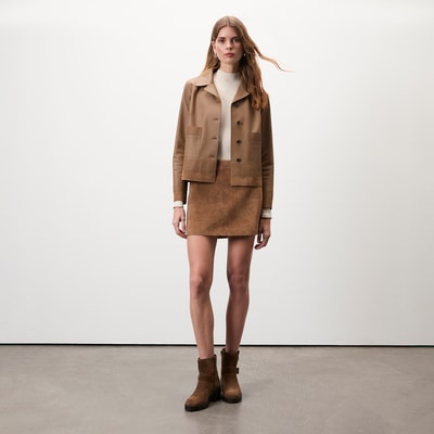 Kadın Açık Kahve Kısa Gömlek Yaka Deri Ceket