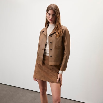 Kadın Açık Kahve Kısa Gömlek Yaka Deri Ceket