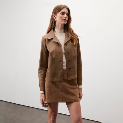 Kadın Açık Kahve Kısa Gömlek Yaka Deri Ceket