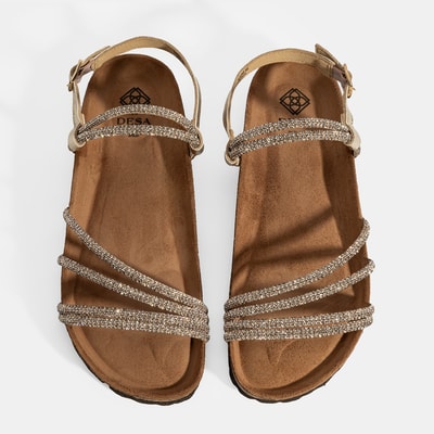 Kadın Altın Ayarlanabilir Tokalı Taş Detaylı Sandalet