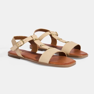 Kadın Bej Ayarlanabilir Tokalı Deri Sandalet