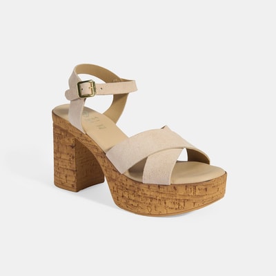 Kadın Bej Ayarlanabilir Tokalı Topuklu Süet Sandalet    