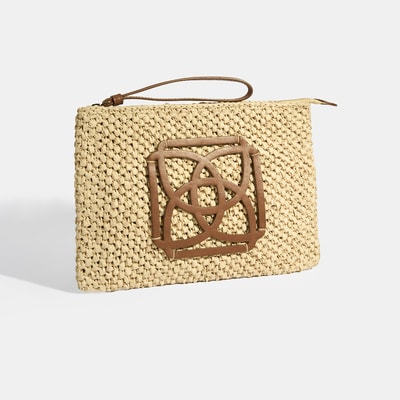 Kadın Bej Deri Detaylı Hasır El Çantası