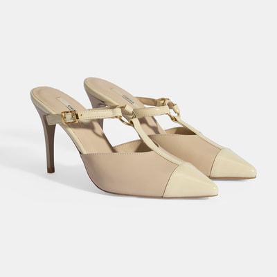 Kadın Bej Halka Aksesuarlı Deri Abiye Topuklu Terlik