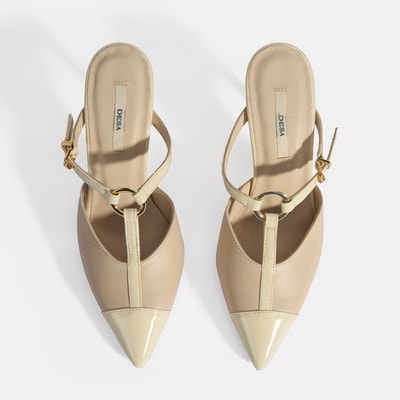 Kadın Bej Halka Aksesuarlı Deri Abiye Topuklu Terlik