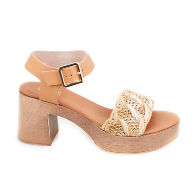 Kadın Bej Hasır Topuklu Deri Sandalet