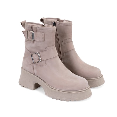 Kadın Bej Kemer Aksesuarlı Topuklu Deri Bot