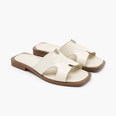 Kadın Bej Kroko Baskılı Deri Terlik