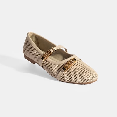 Kadın Bej Metal Toka Aksesuarlı Deri Babet