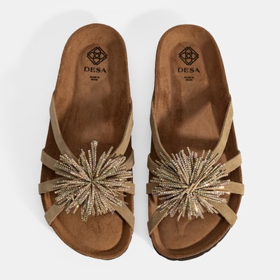 Kadın Bej Taş Detaylı Süet Terlik