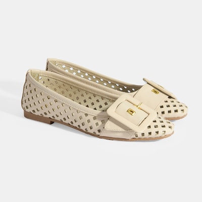 Kadın Bej Toka Aksesuarlı Perforeli Deri Babet