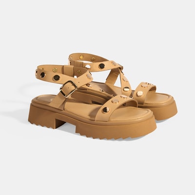 Kadın Bej Zımba Detaylı Deri Sandalet