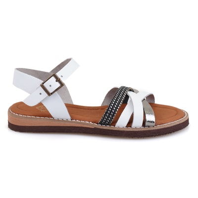 Kadın Beyaz Ayarlanabilir Tokalı Deri Sandalet