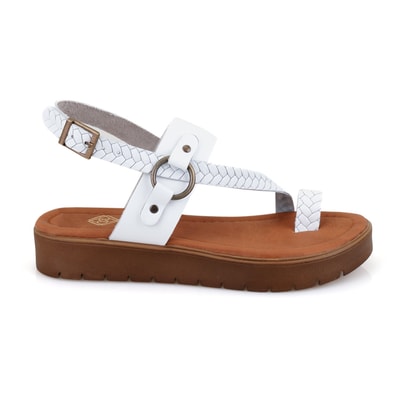Kadın Beyaz Ayarlanabilir Tokalı Deri Sandalet