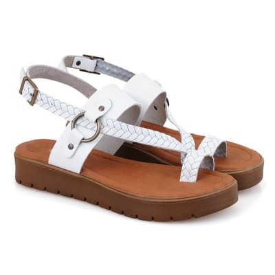 Kadın Beyaz Ayarlanabilir Tokalı Deri Sandalet