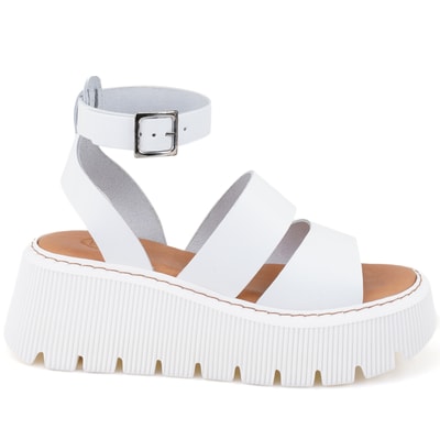 Kadın Beyaz Dolgu Tabanlı Deri Sandalet