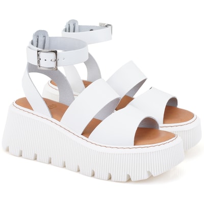 Kadın Beyaz Dolgu Tabanlı Deri Sandalet