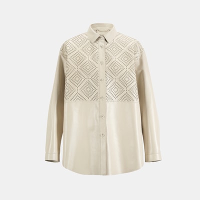 Kadın Beyaz Lazer Kesimli Geometrik Desenli Deri Gömlek