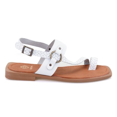 Kadın Beyaz Örgü Baskılı Deri Sandalet