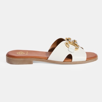 Kadın Beyaz Taşlı Toka Aksesuarlı Deri Terlik