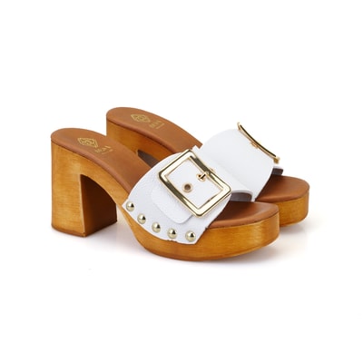 Kadın Beyaz Topuklu Deri Terlik