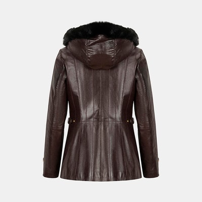 Kadın Bordo Kapüşonlu Deri Mont