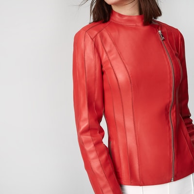 Kadın Deri Fit Panelli Biker Ceket