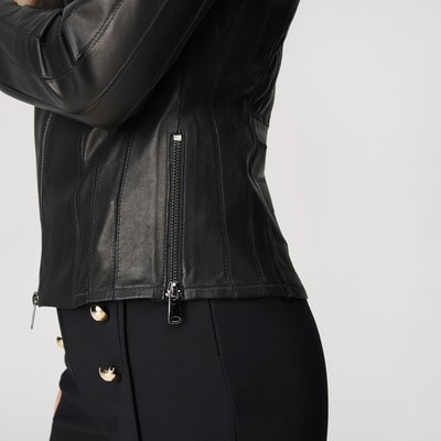 Kadın Deri Fit Panelli Biker Ceket