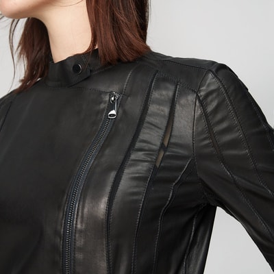 Kadın Deri Fit Panelli Biker Ceket