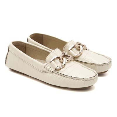 Kadın Ekru Kroko Baskılı Deri Loafer