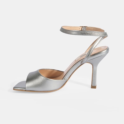 Kadın Gümüş Ayarlanabilir Tokalı Deri Abiye Topuklu Sandalet