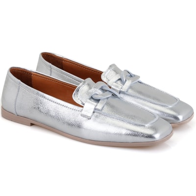 Kadın Gümüş Deri Loafer