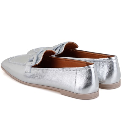 Kadın Gümüş Deri Loafer