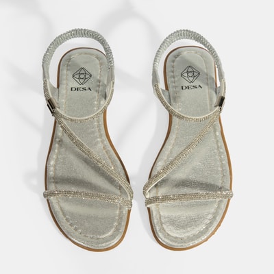 Kadın Gümüş Lastik Bantlı Taşlı Sandalet