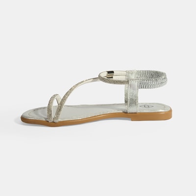 Kadın Gümüş Lastik Bantlı Taşlı Sandalet