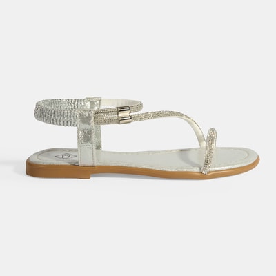 Kadın Gümüş Lastik Bantlı Taşlı Sandalet