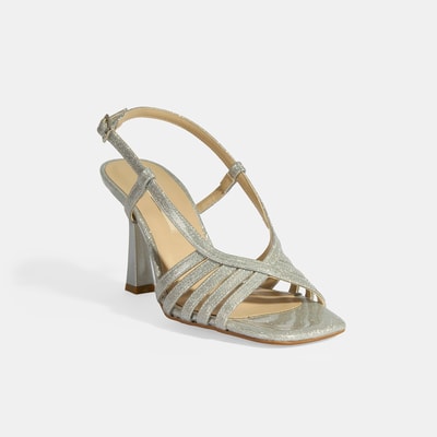 Kadın Gümüş Simli Topuklu Abiye Sandalet