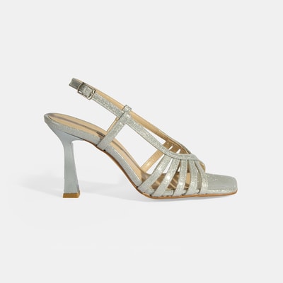 Kadın Gümüş Simli Topuklu Abiye Sandalet