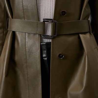 Kadın Haki Uzun Gömlek Yaka Deri Trençkot
