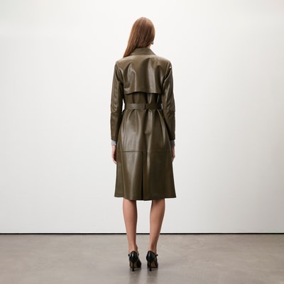 Kadın Haki Uzun Gömlek Yaka Deri Trençkot