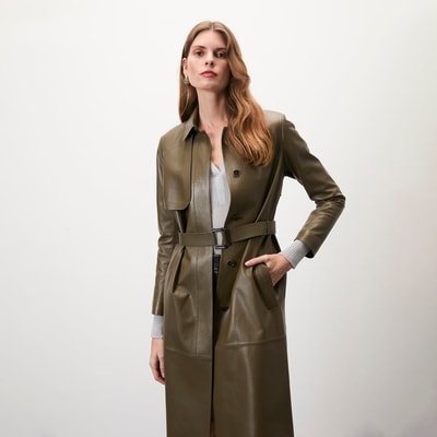 Kadın Haki Uzun Gömlek Yaka Deri Trençkot