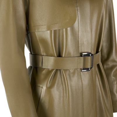 Kadın Haki Uzun Gömlek Yaka Deri Trençkot