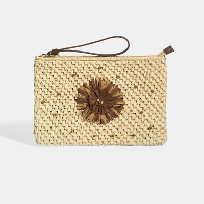 Kadın Kahve Çiçek Detaylı Hasır El Çantası