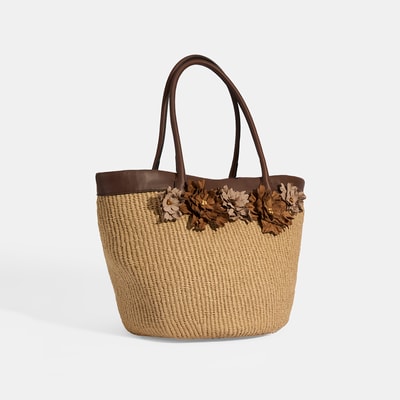 Kadın Kahve Çiçek Detaylı Hasır Omuz Çantası