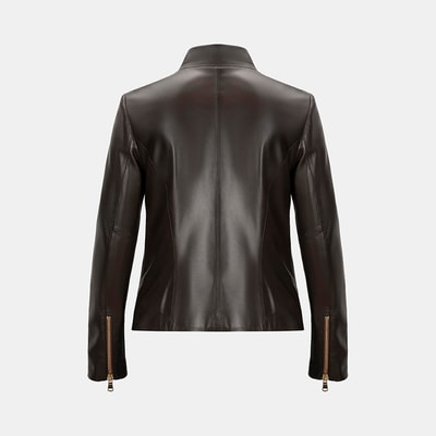 Kadın Kahve Hakim Yakalı Fit Deri Ceket