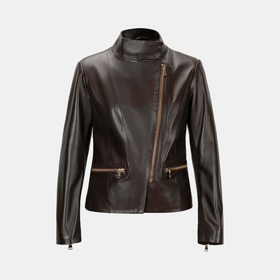 Kadın Kahve Hakim Yakalı Fit Deri Ceket